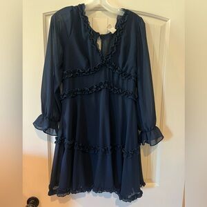 Juniors Size 13/14-dark blue V-neck ruffle dress with an open back